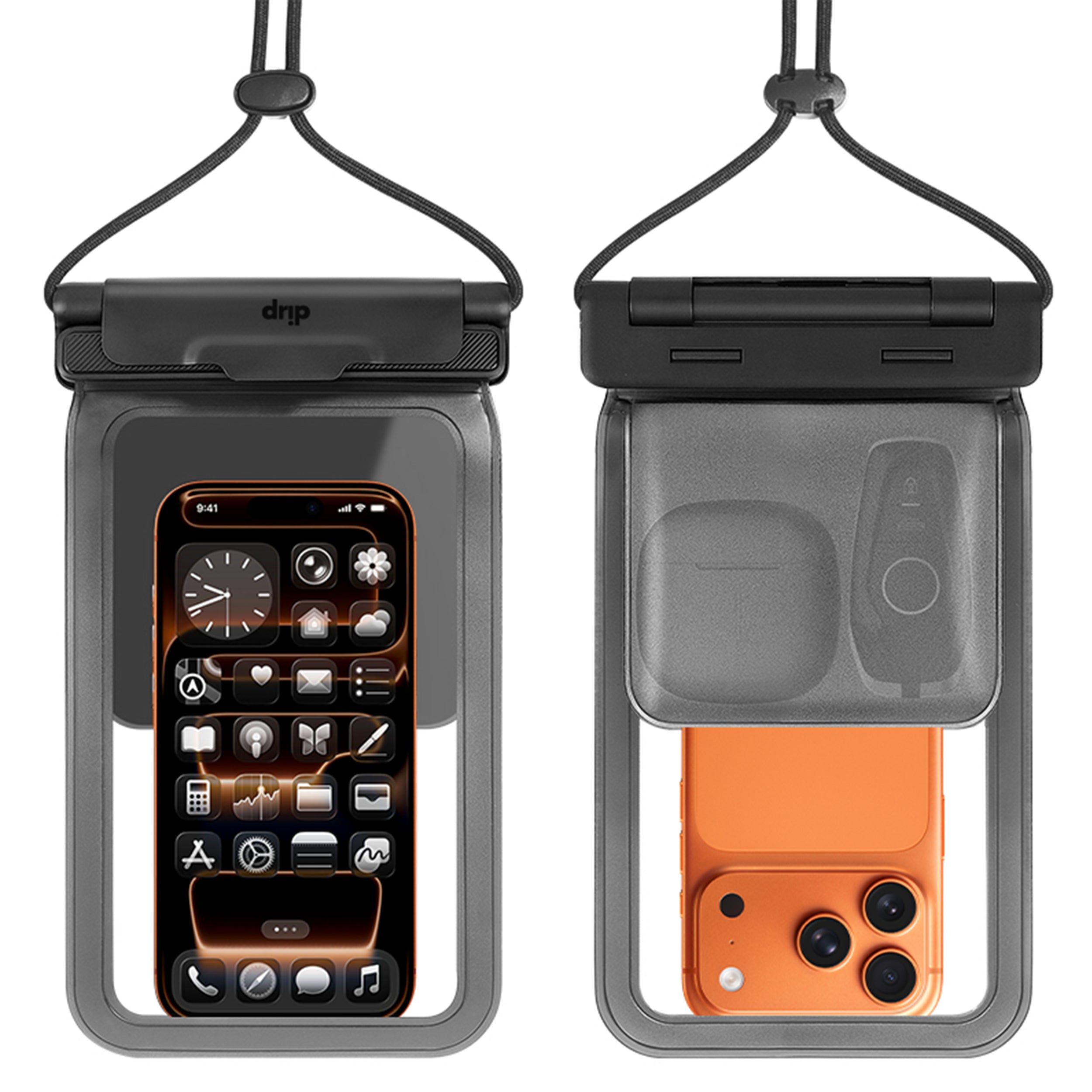 Drip Double Pocket Waterproof Pouch with Lanyard Black