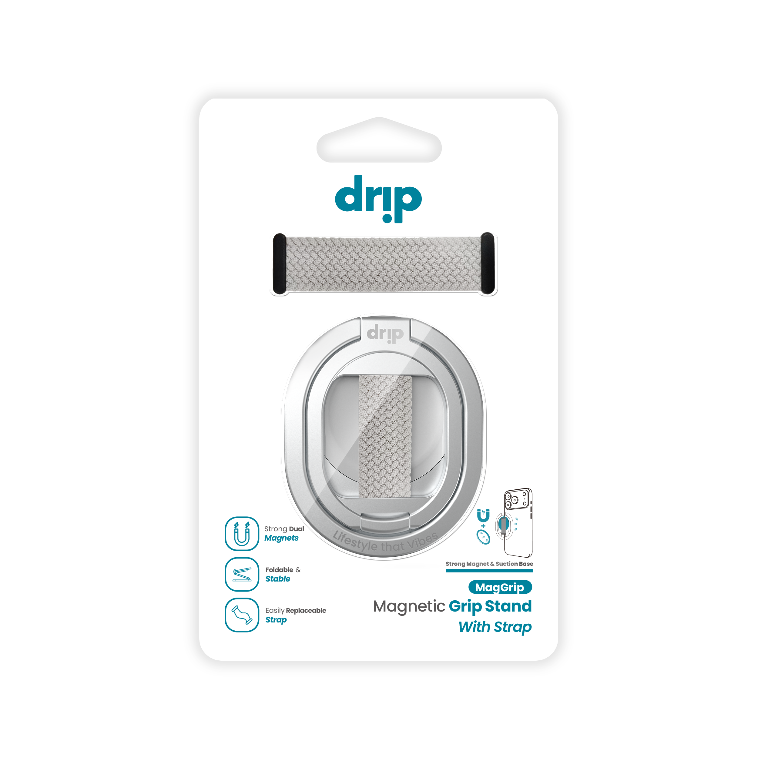 DRIP MagGrip Dual-Sided Magnetic Ring Phone Holder with Removable Finger Strap