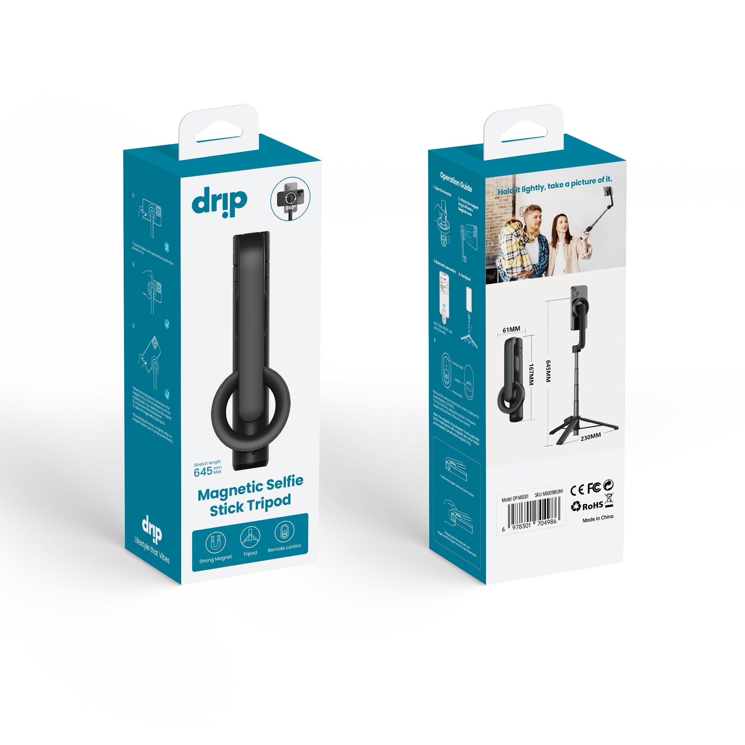 Drip Foldable Magnetic Selfie Stick with Bluetooth Remote Control Black