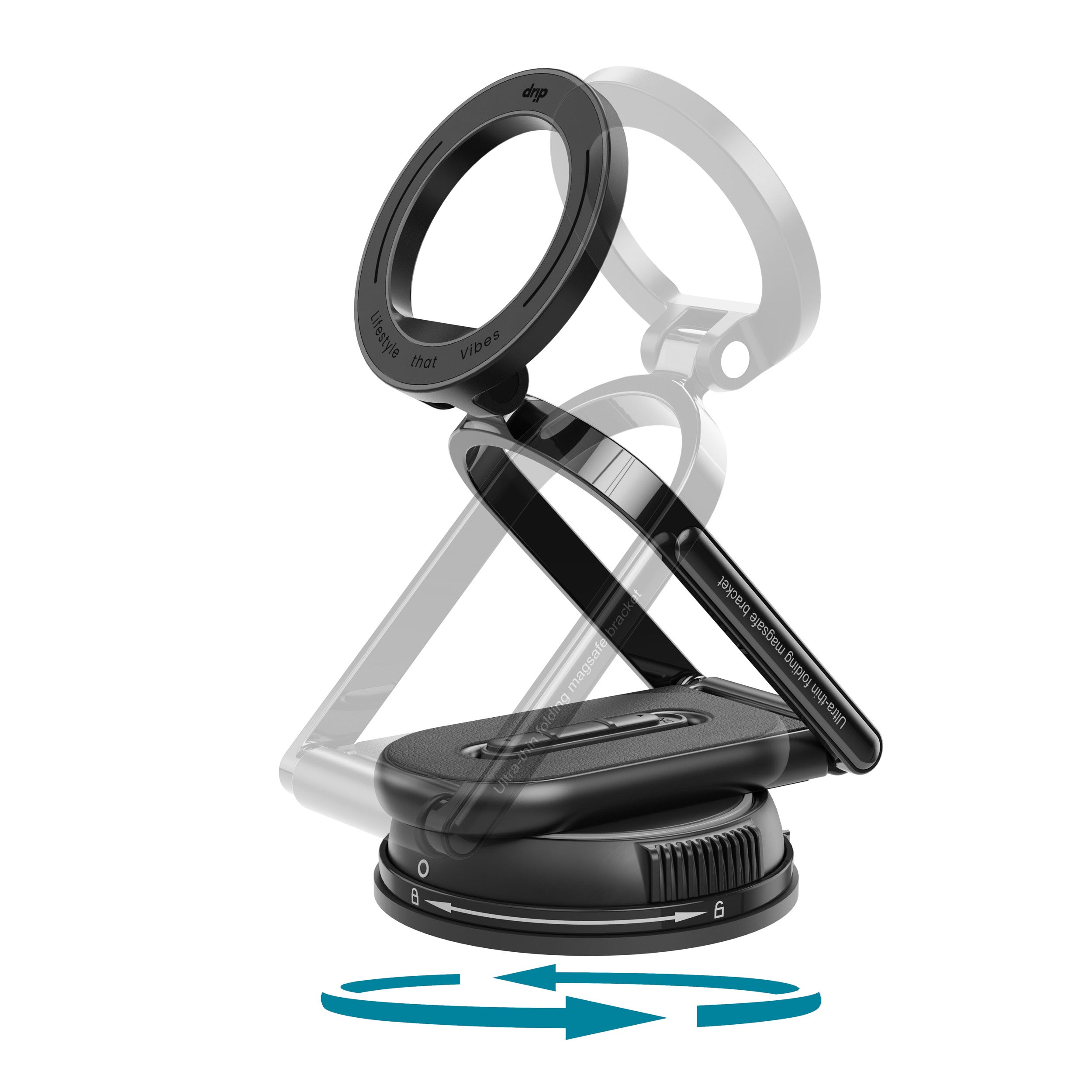Drip 360° Rotatable U-Shape Foldable Magnetic Car Phone Mount with Removable Base Black