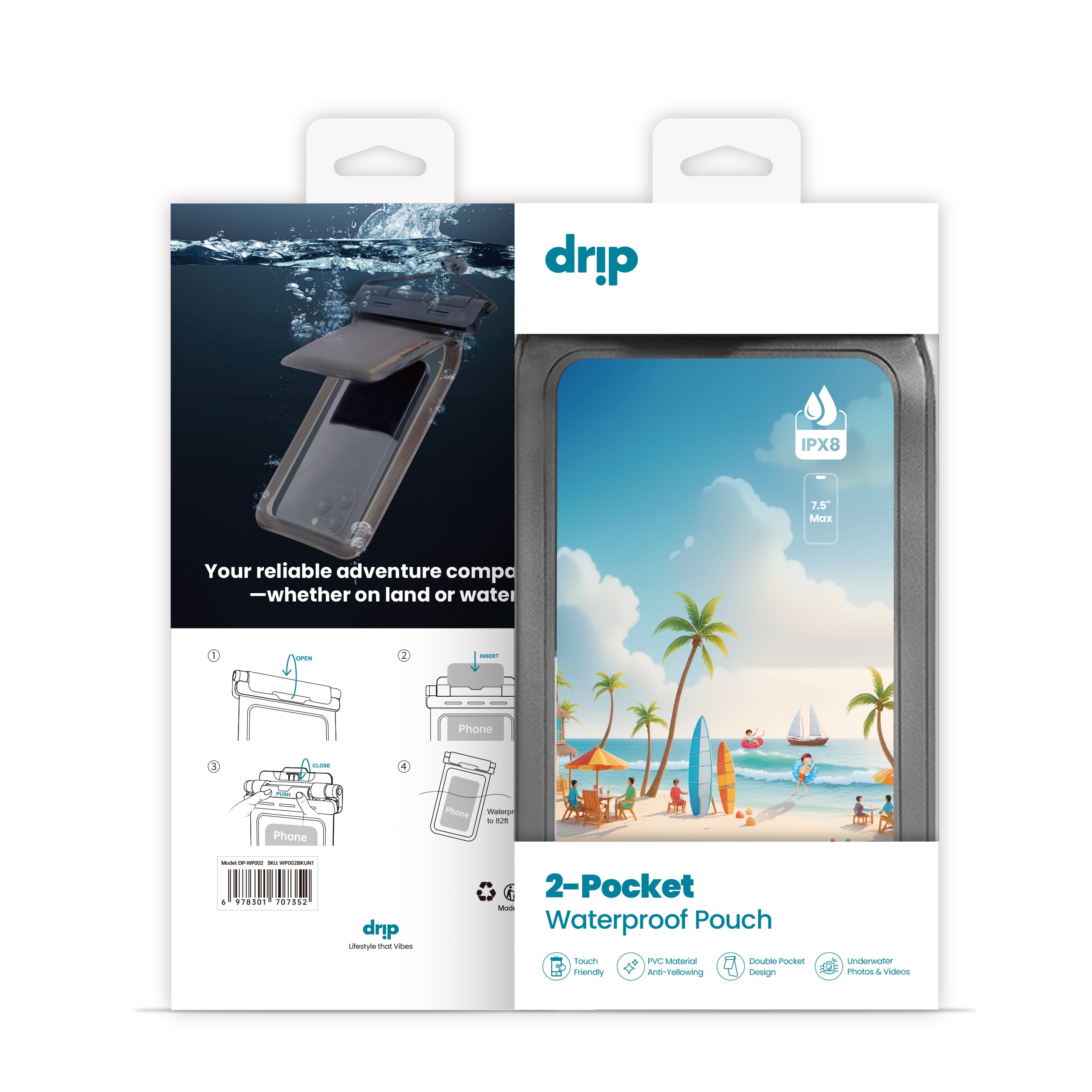 Drip Double Pocket Waterproof Pouch with Lanyard Black