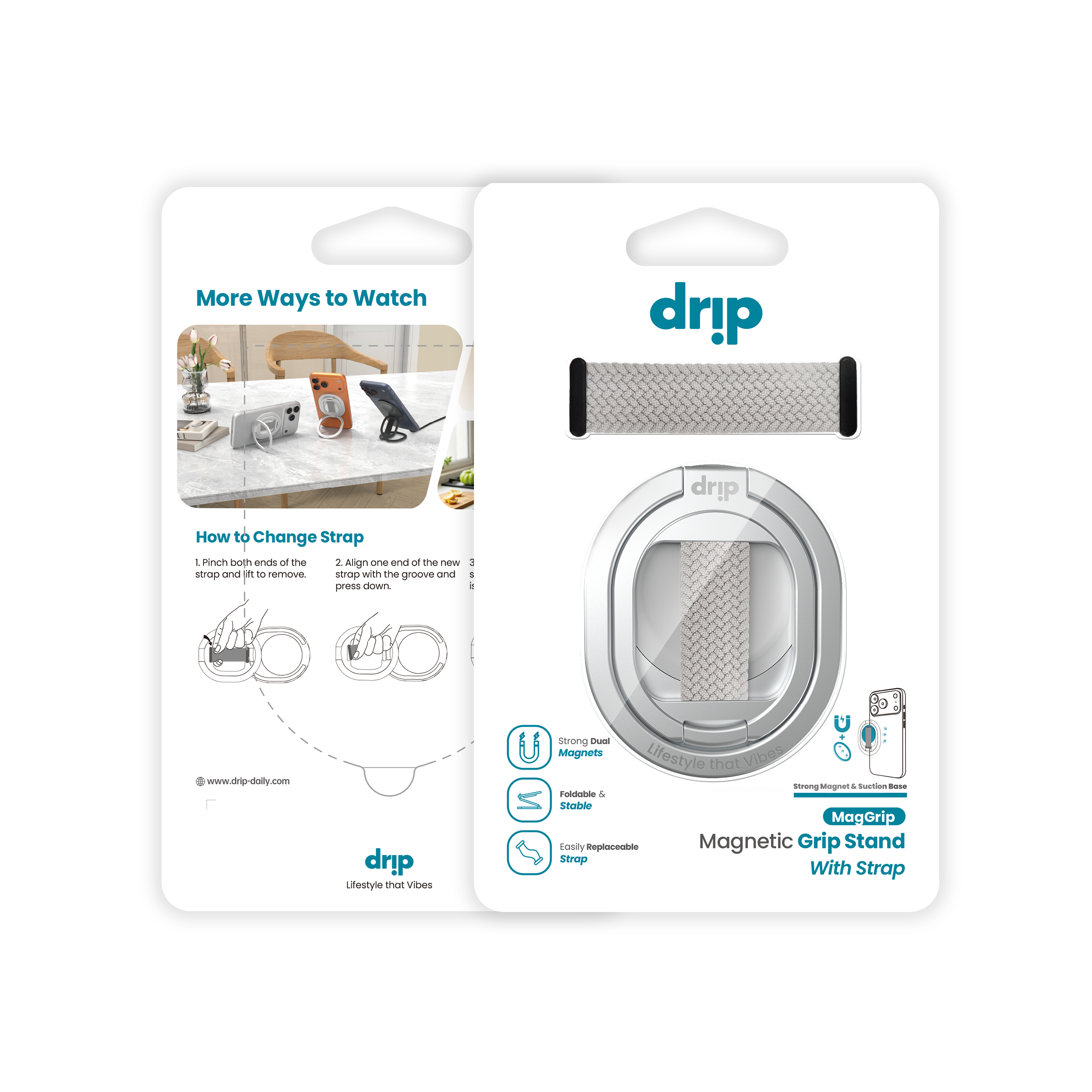 DRIP MagGrip Dual-Sided Magnetic Ring Phone Holder with Removable Finger Strap