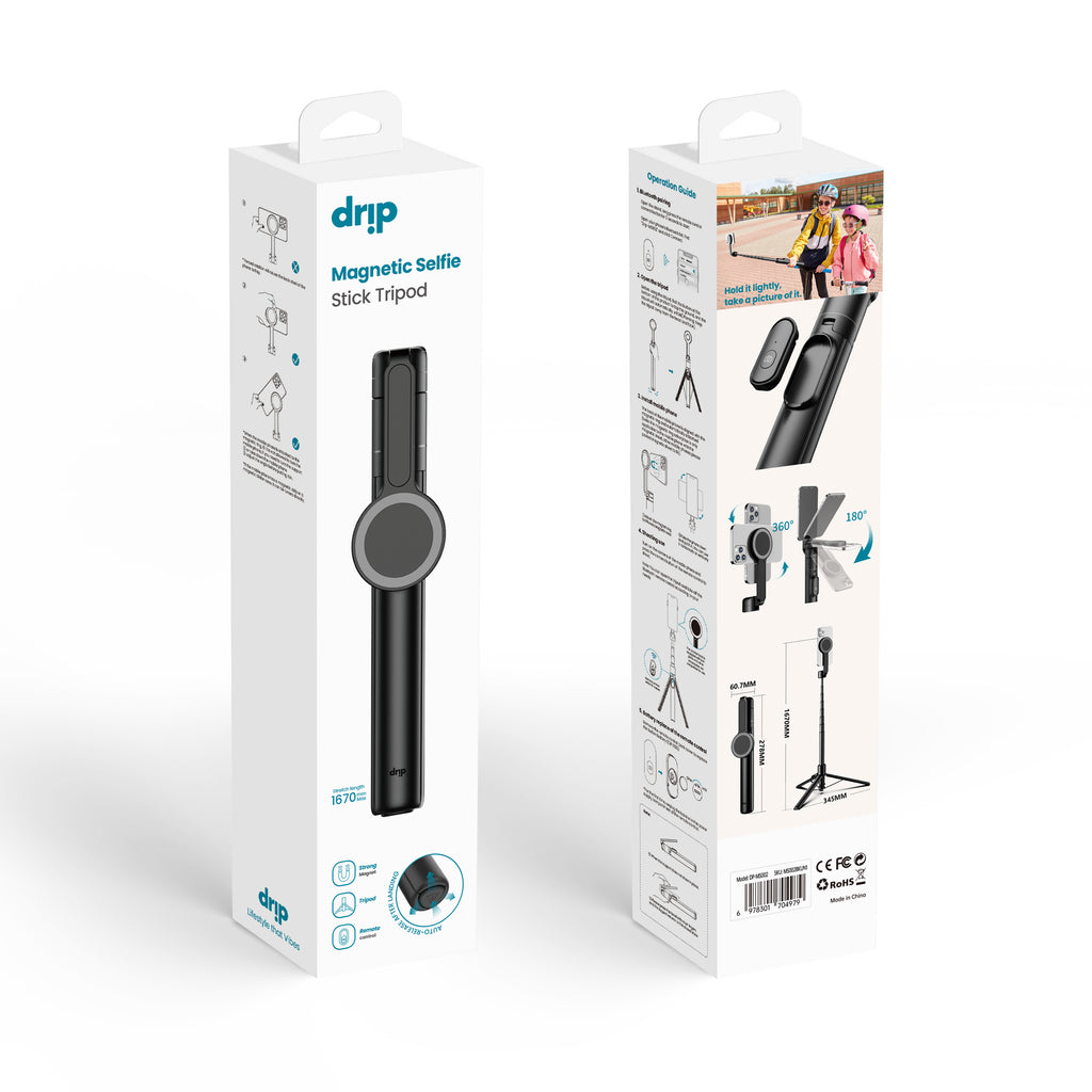 Drip Extendable Magnetic Selfie Stick & Automatic Tripod Stand with Remote Control Black