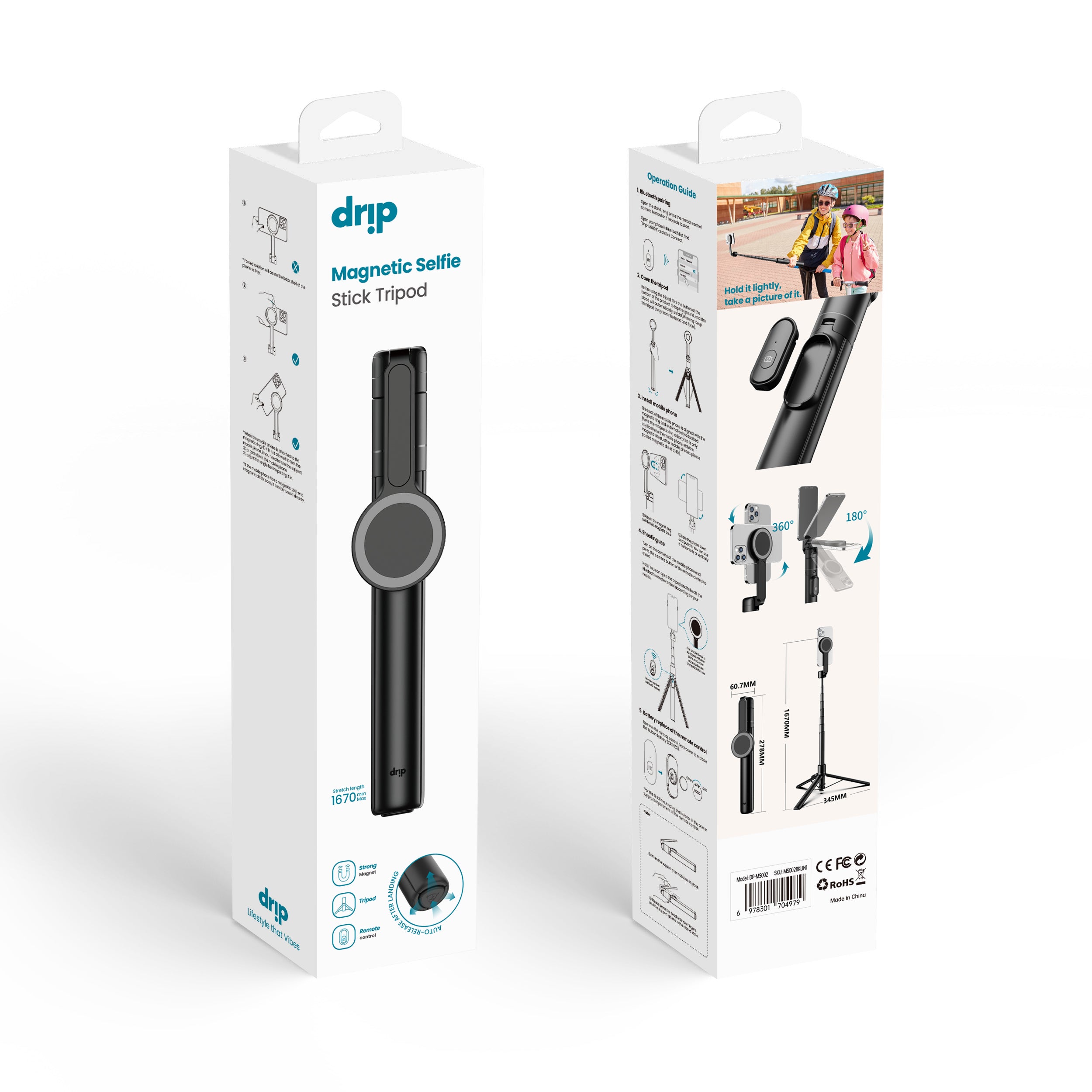 Drip Extendable Magnetic Selfie Stick & Automatic Tripod Stand with Remote Control Black