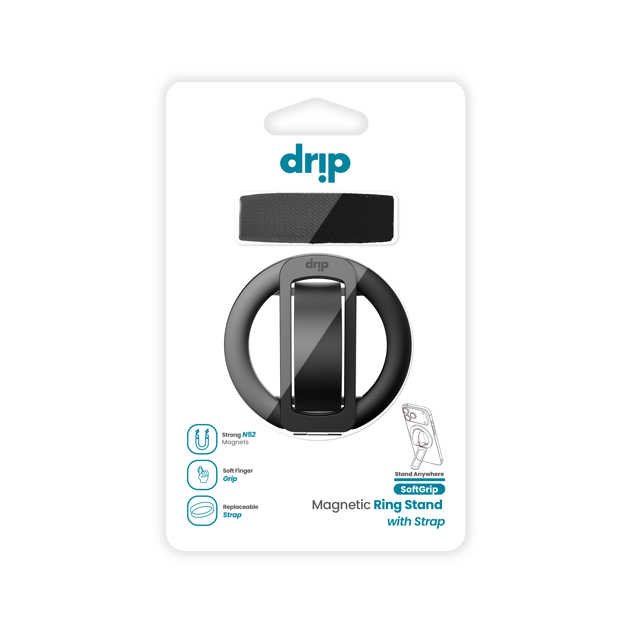 Drip SoftGrip Magnetic Ring Phone Holder with Removable Finger Strap