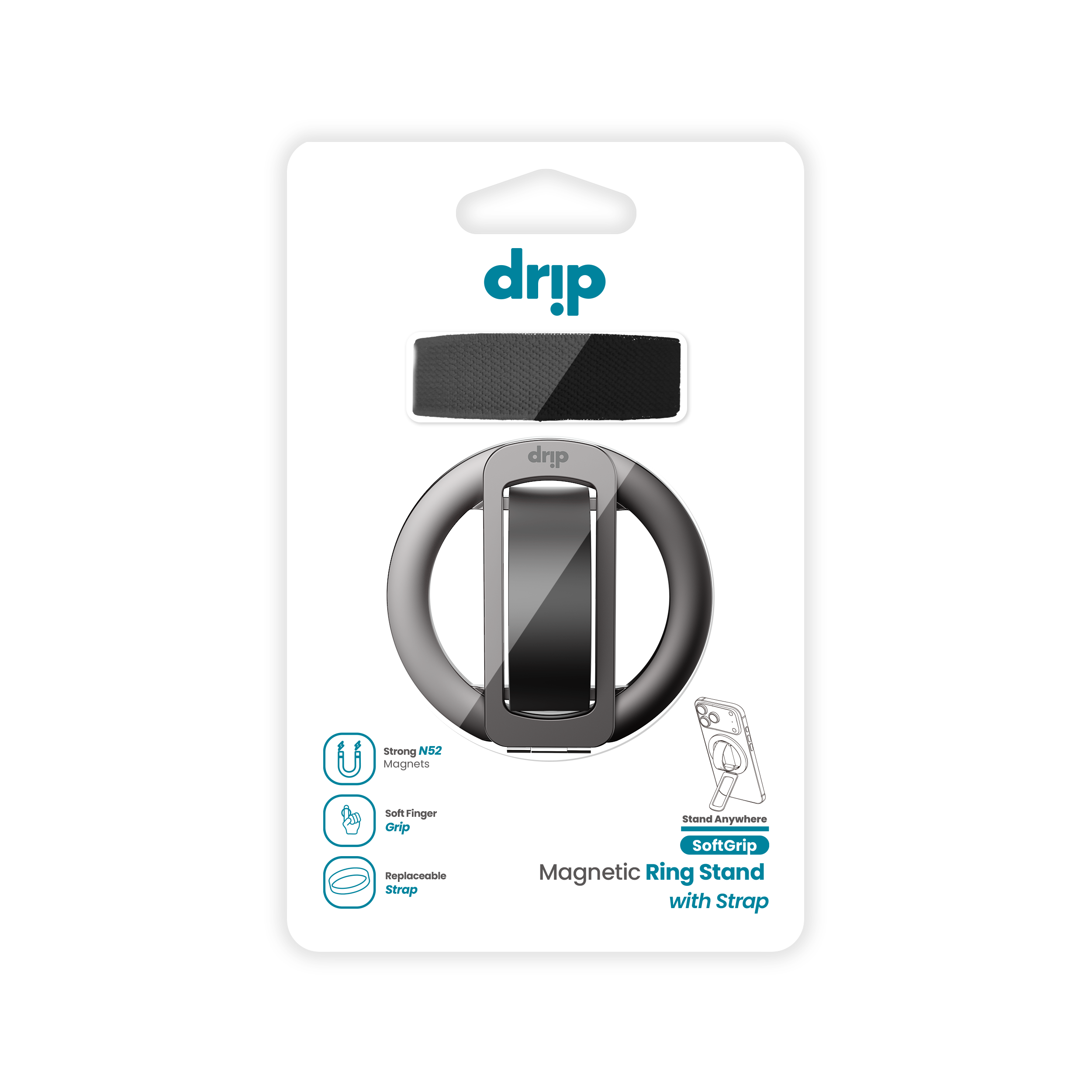 Drip SoftGrip Magnetic Ring Phone Holder with Removable Finger Strap