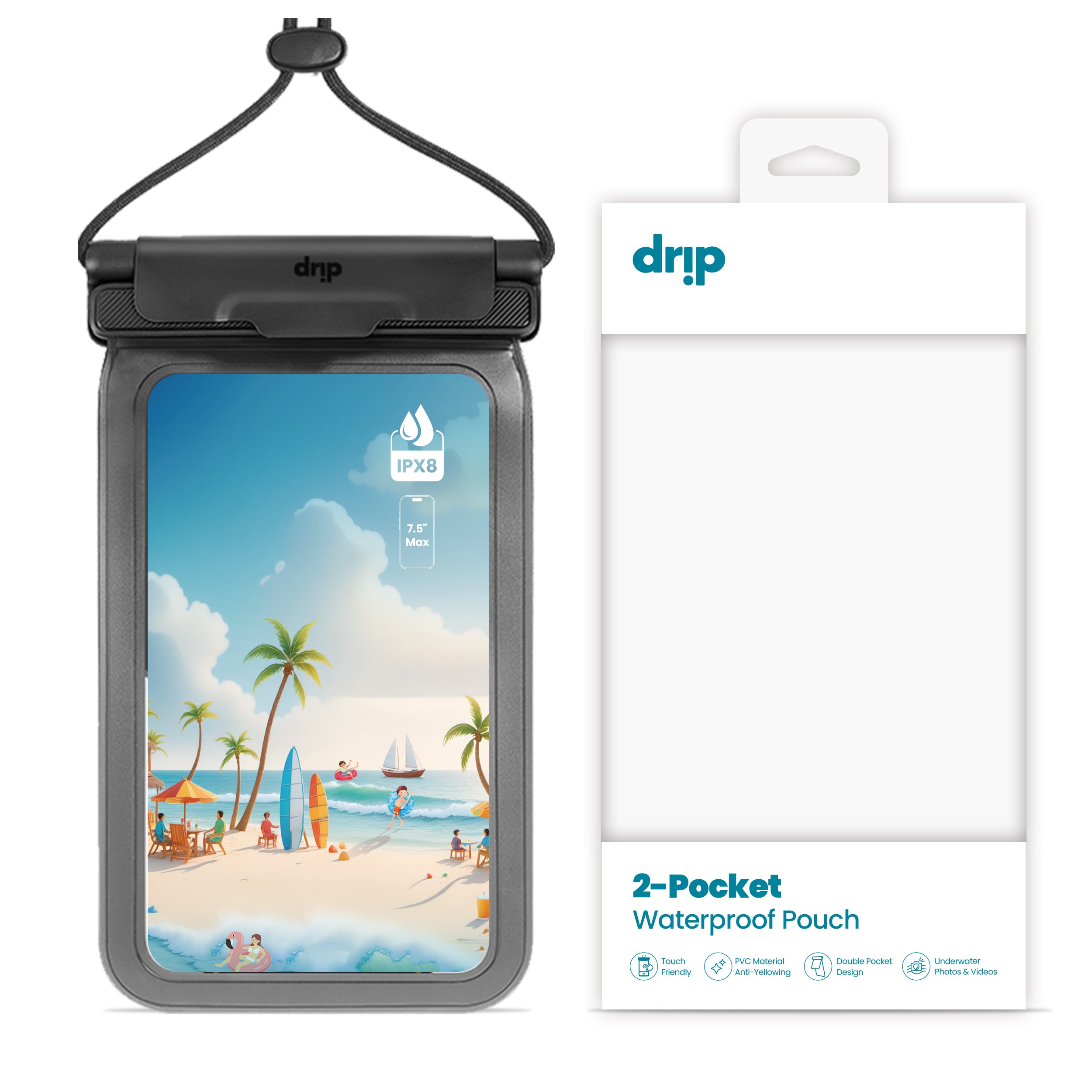 Drip Double Pocket Waterproof Pouch with Lanyard Black