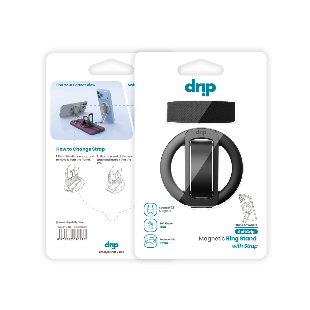 Drip SoftGrip Magnetic Ring Phone Holder with Removable Finger Strap
