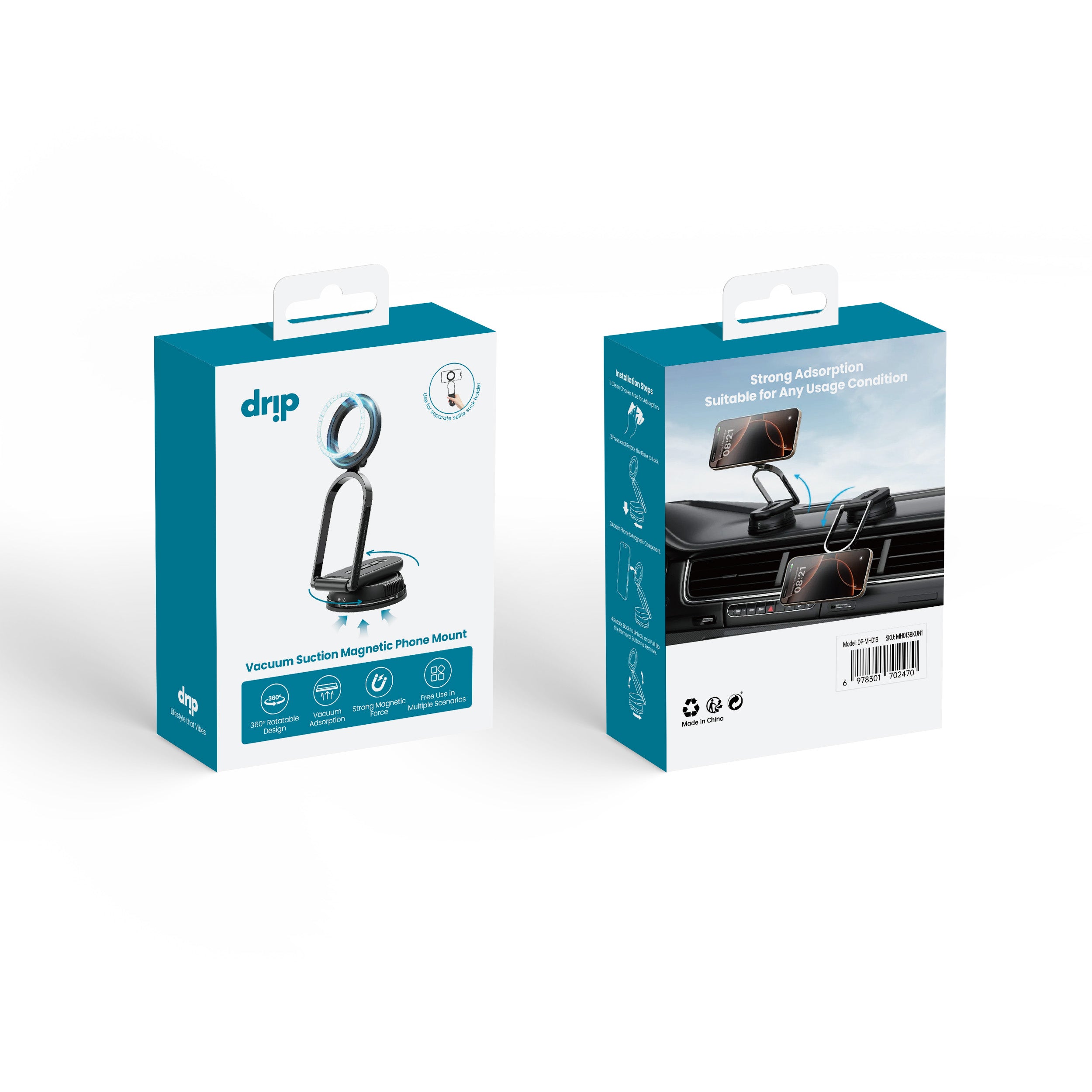 Drip 360° Rotatable U-Shape Foldable Magnetic Car Phone Mount with Removable Base Black