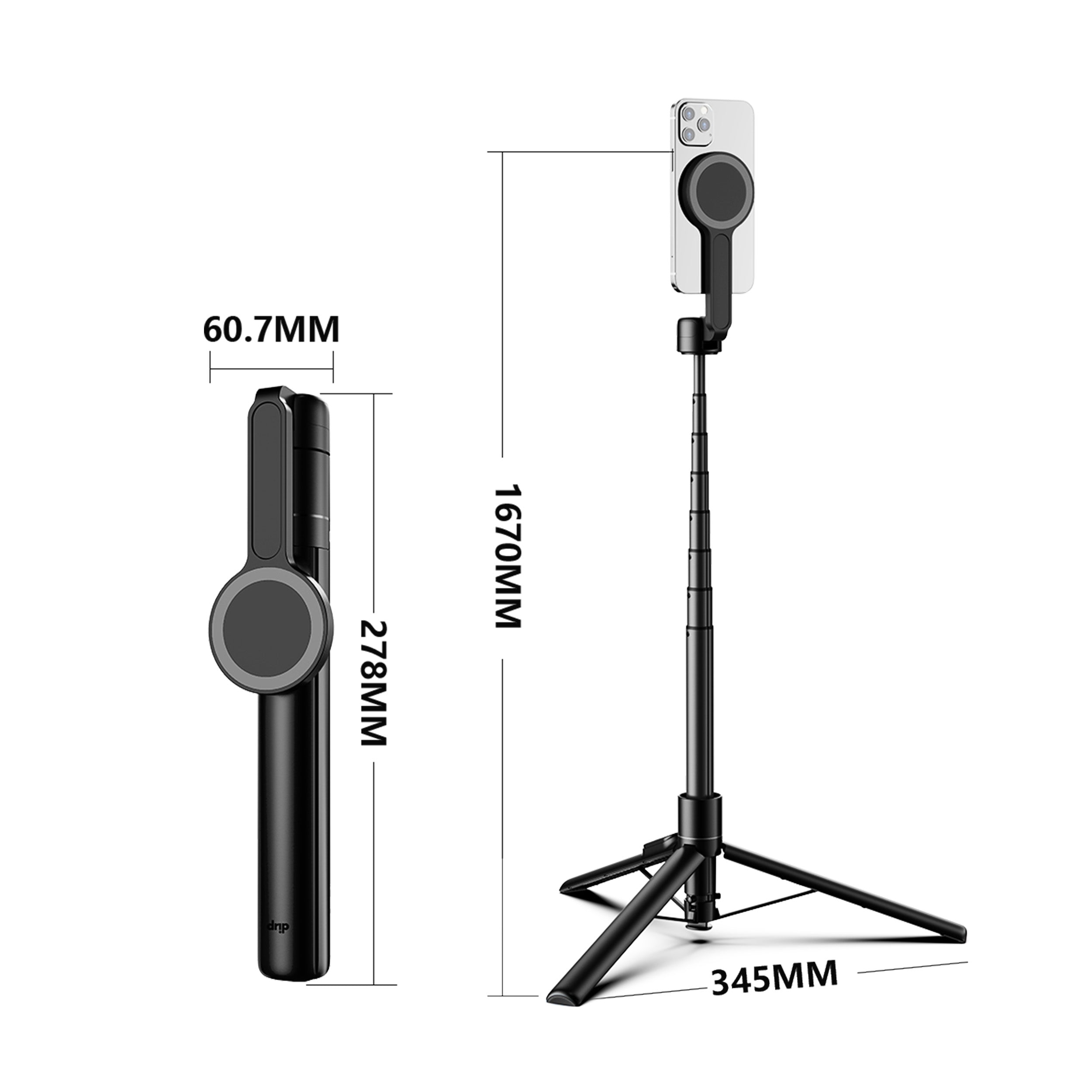 Drip Extendable Magnetic Selfie Stick & Automatic Tripod Stand with Remote Control Black