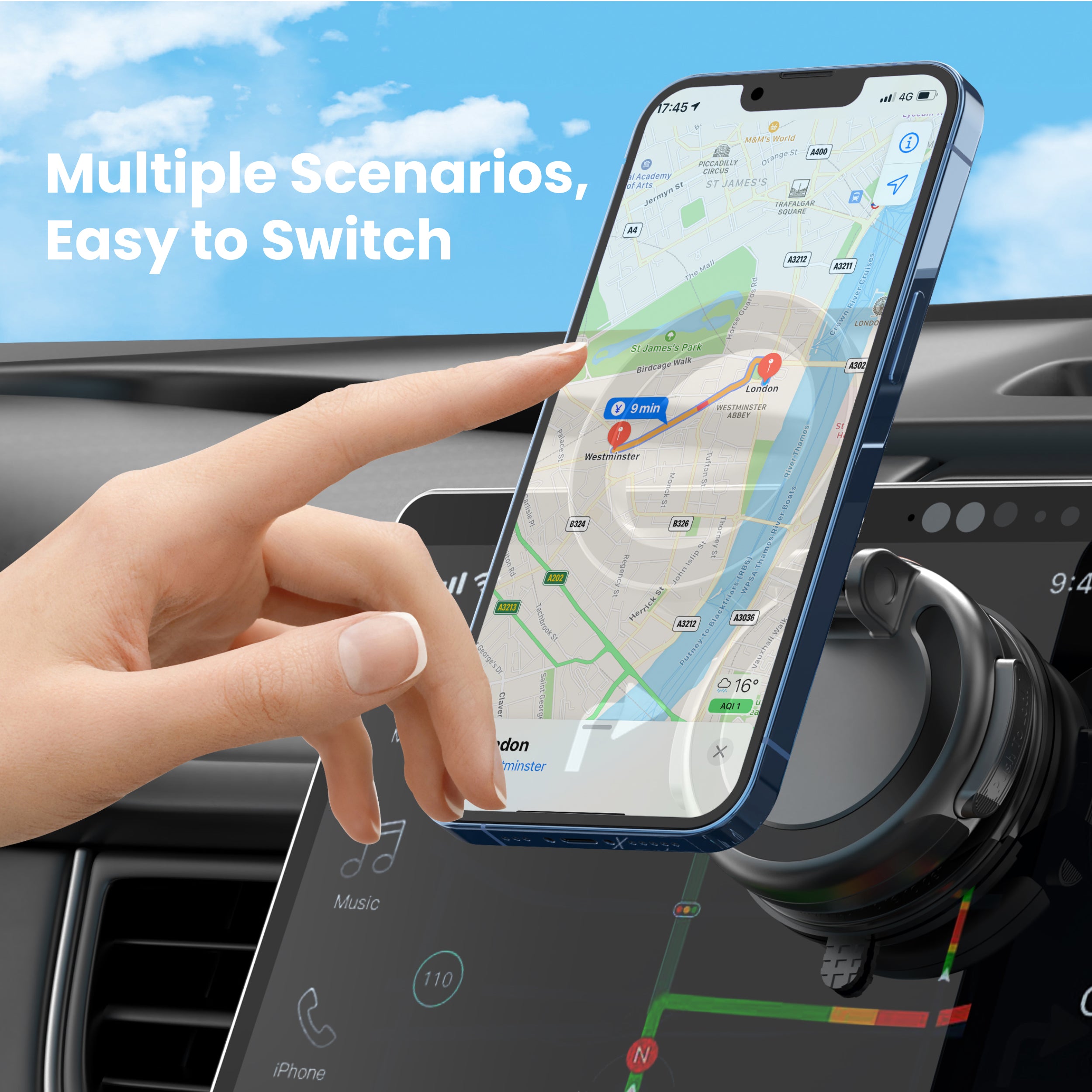 Drip 360° Rotating Press-Button Activated Vacuum Suction Magnetic Car Phone Mount Black