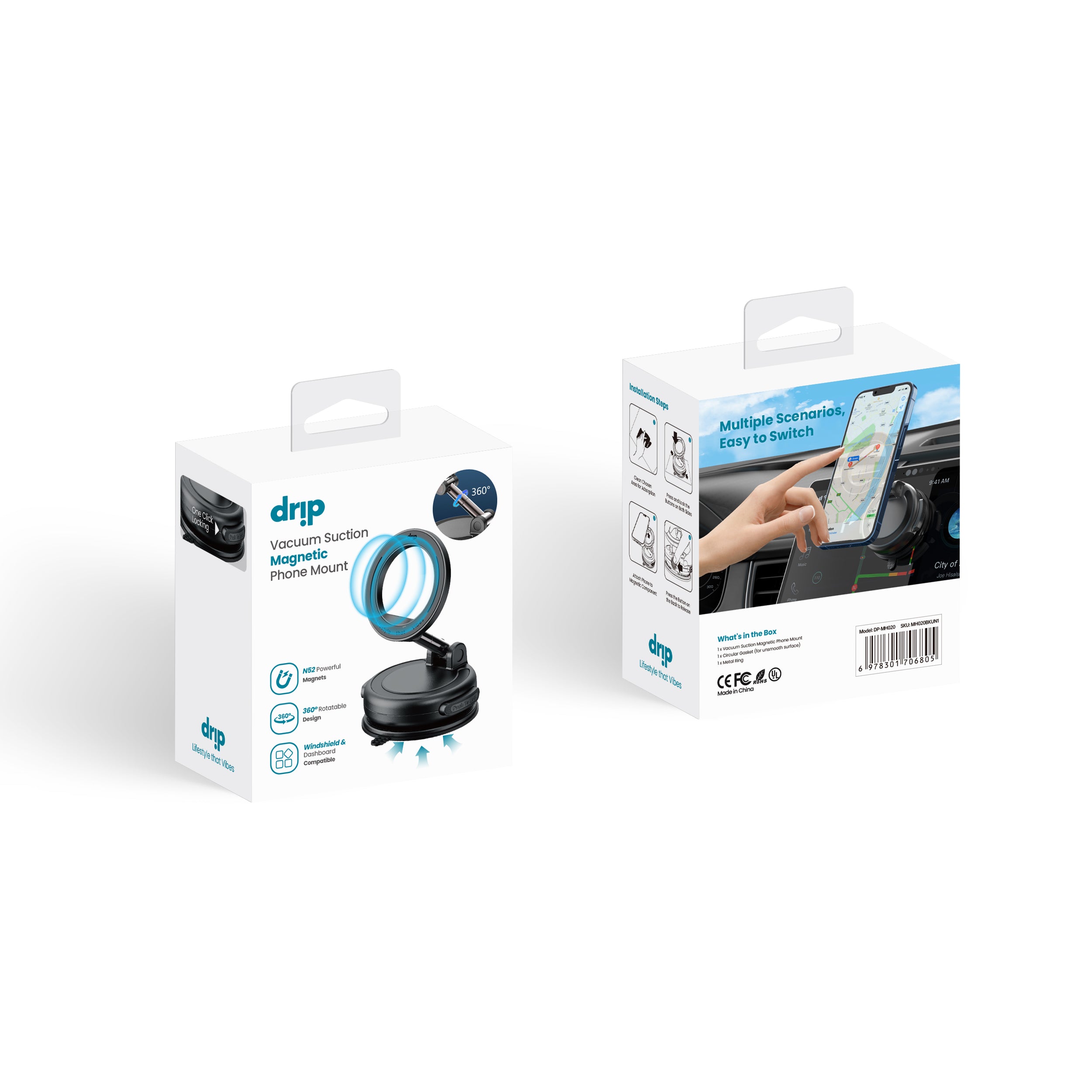 Drip 360° Rotating Press-Button Activated Vacuum Suction Magnetic Car Phone Mount Black