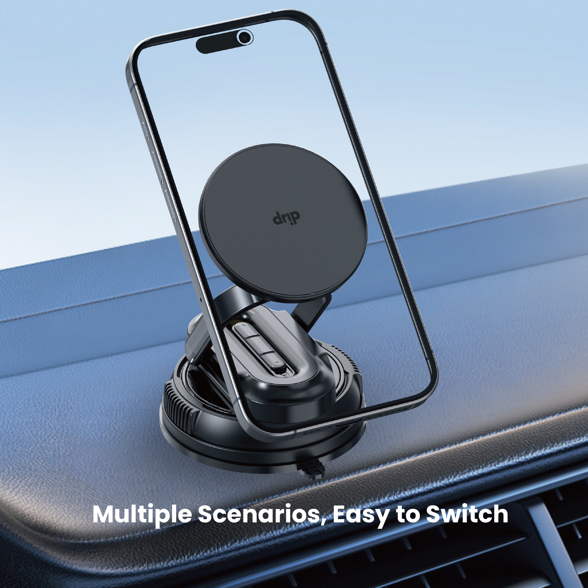 Drip 360° Rotatable & Adjustable Vacuum Suction Magnetic Car Phone Mount with Removable Base Black