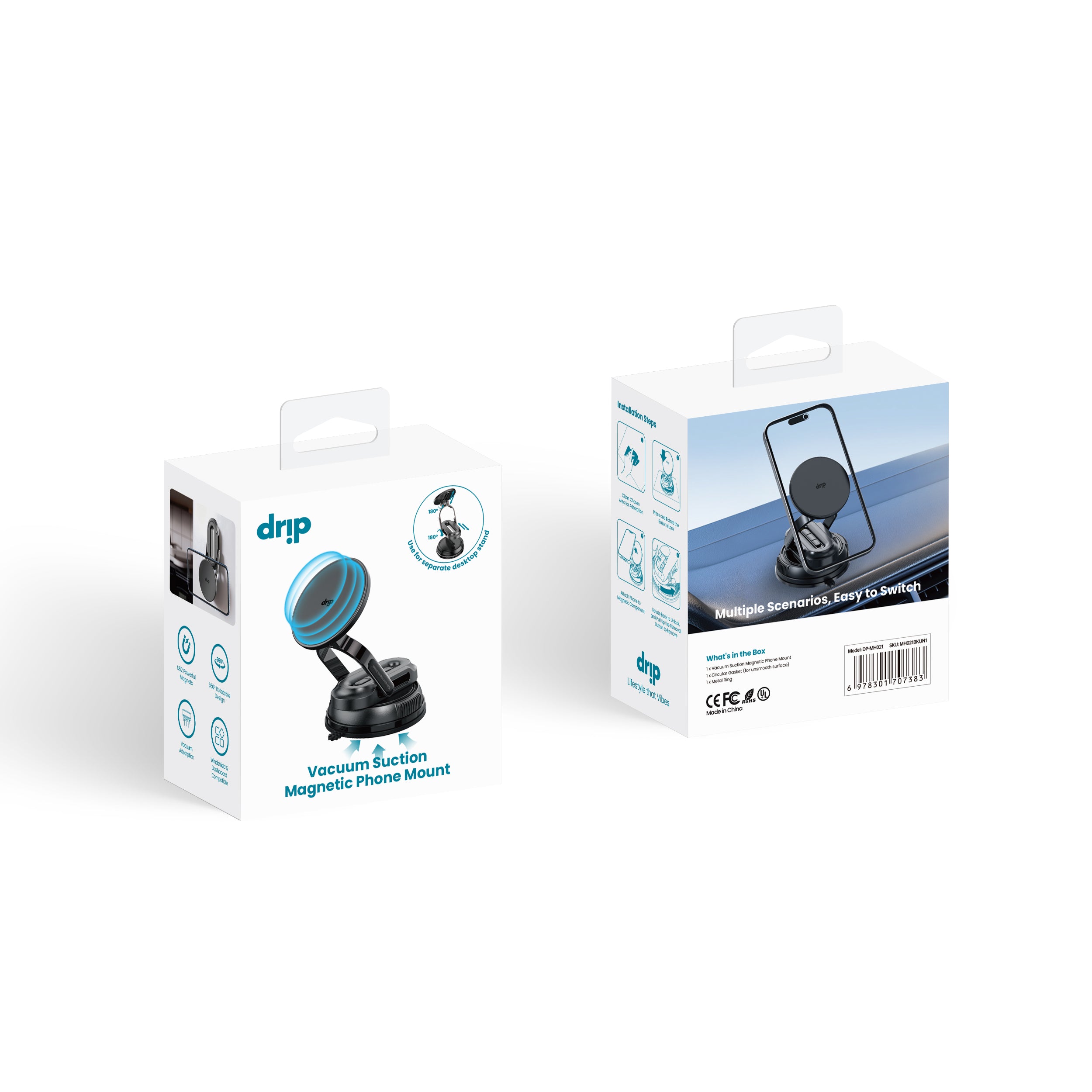 Drip 360° Rotatable & Adjustable Vacuum Suction Magnetic Car Phone Mount with Removable Base Black