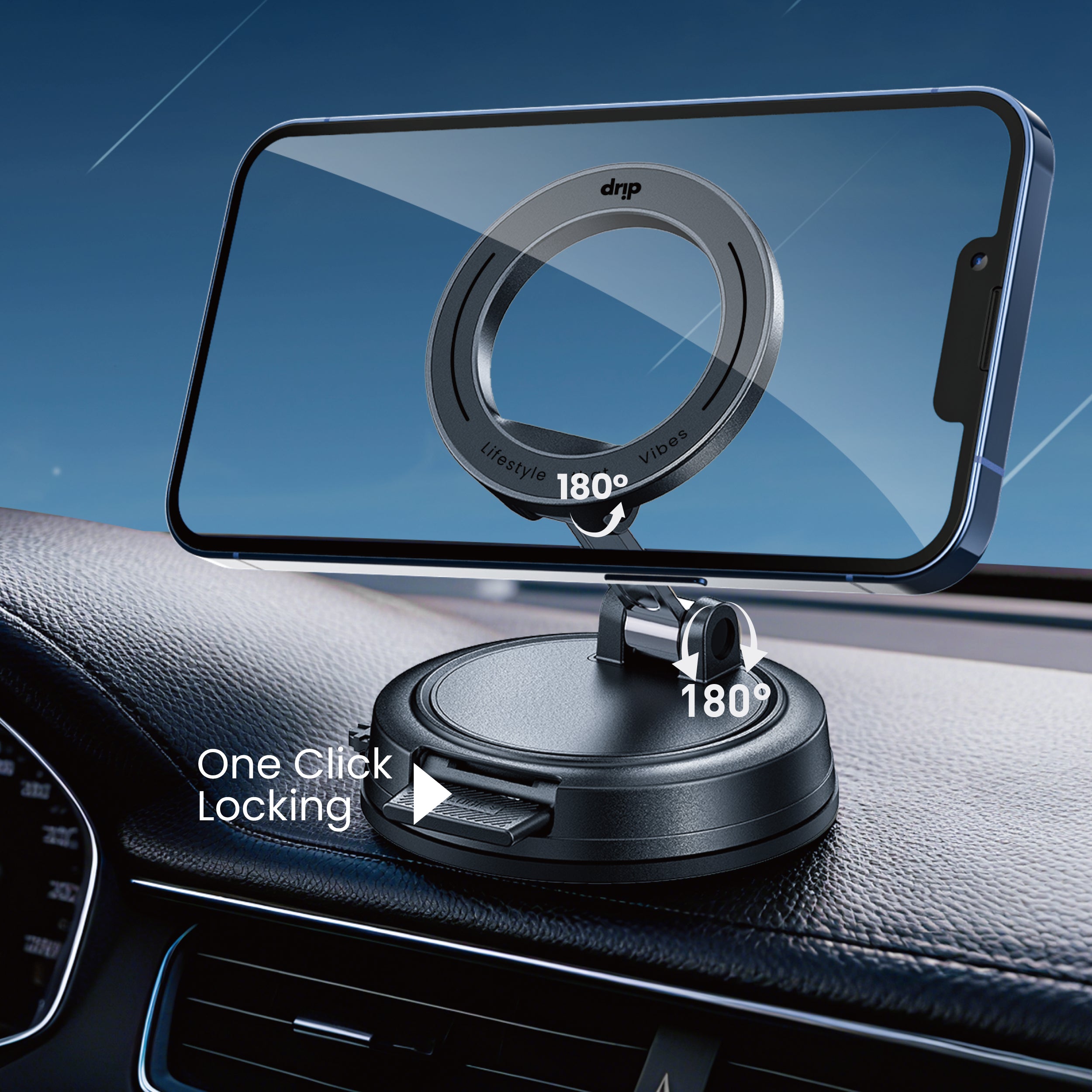 Drip One Click Locking Vacuum Suction  Magnetic Car Phone Mount Black