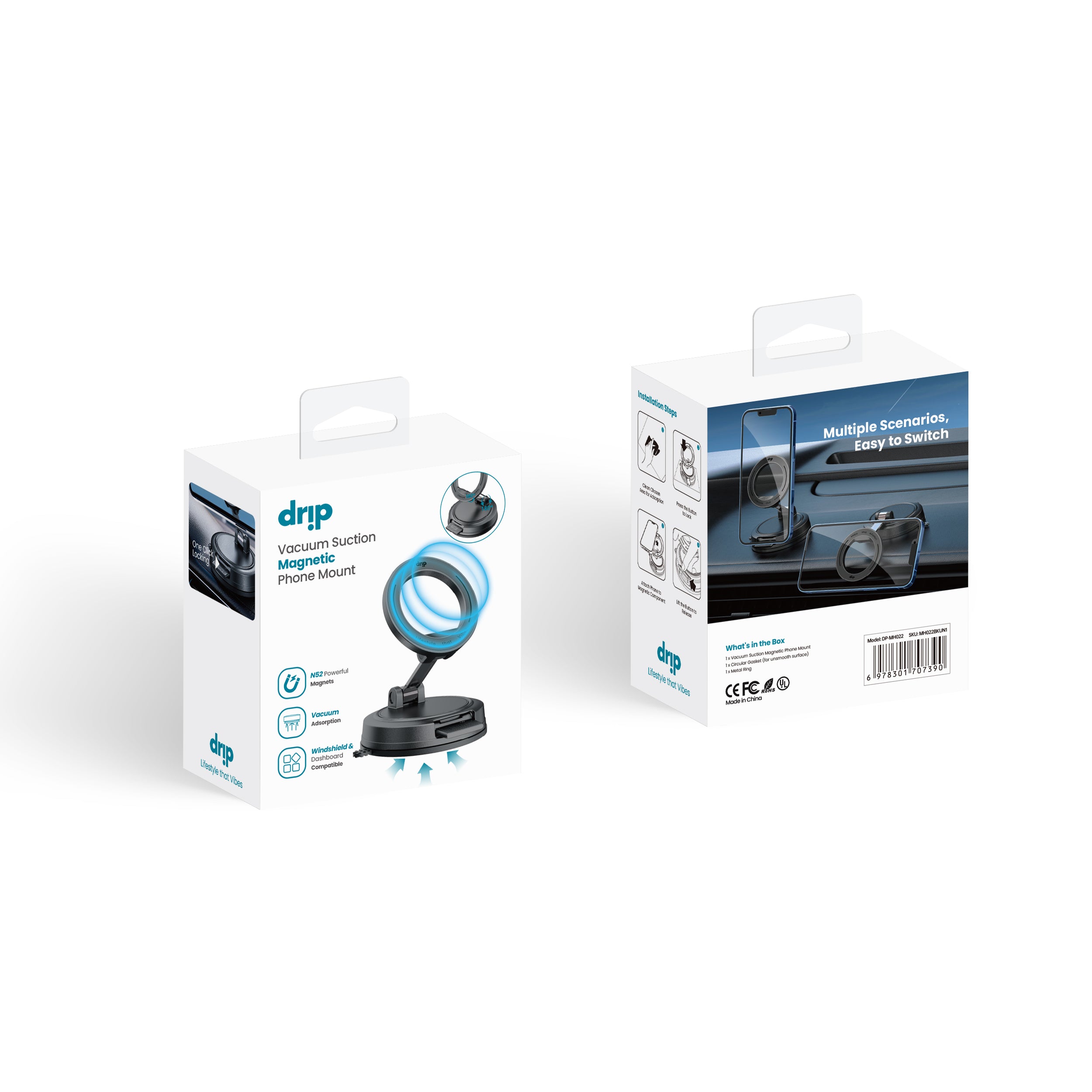 Drip One Click Locking Vacuum Suction  Magnetic Car Phone Mount Black