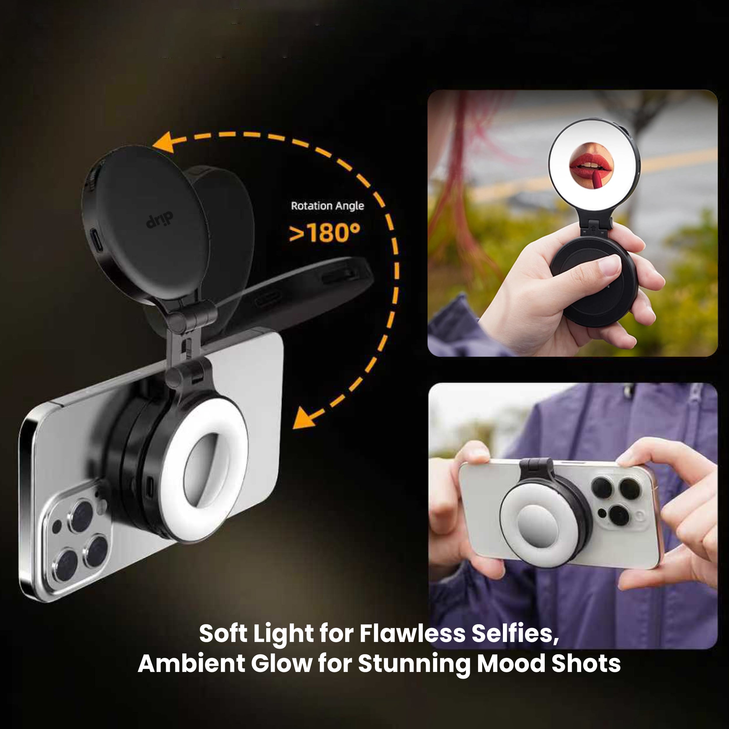 Drip Pocket MagSafe Phone Holder with Rechargeable LED Light and Mirror Black