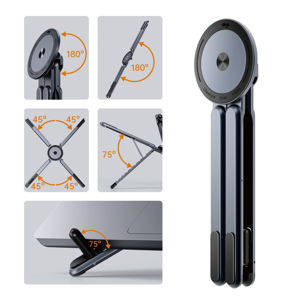 Drip Universal Foldable Aluminum Magnetic Stand Holder Gray for Phone & iPad & Laptop
