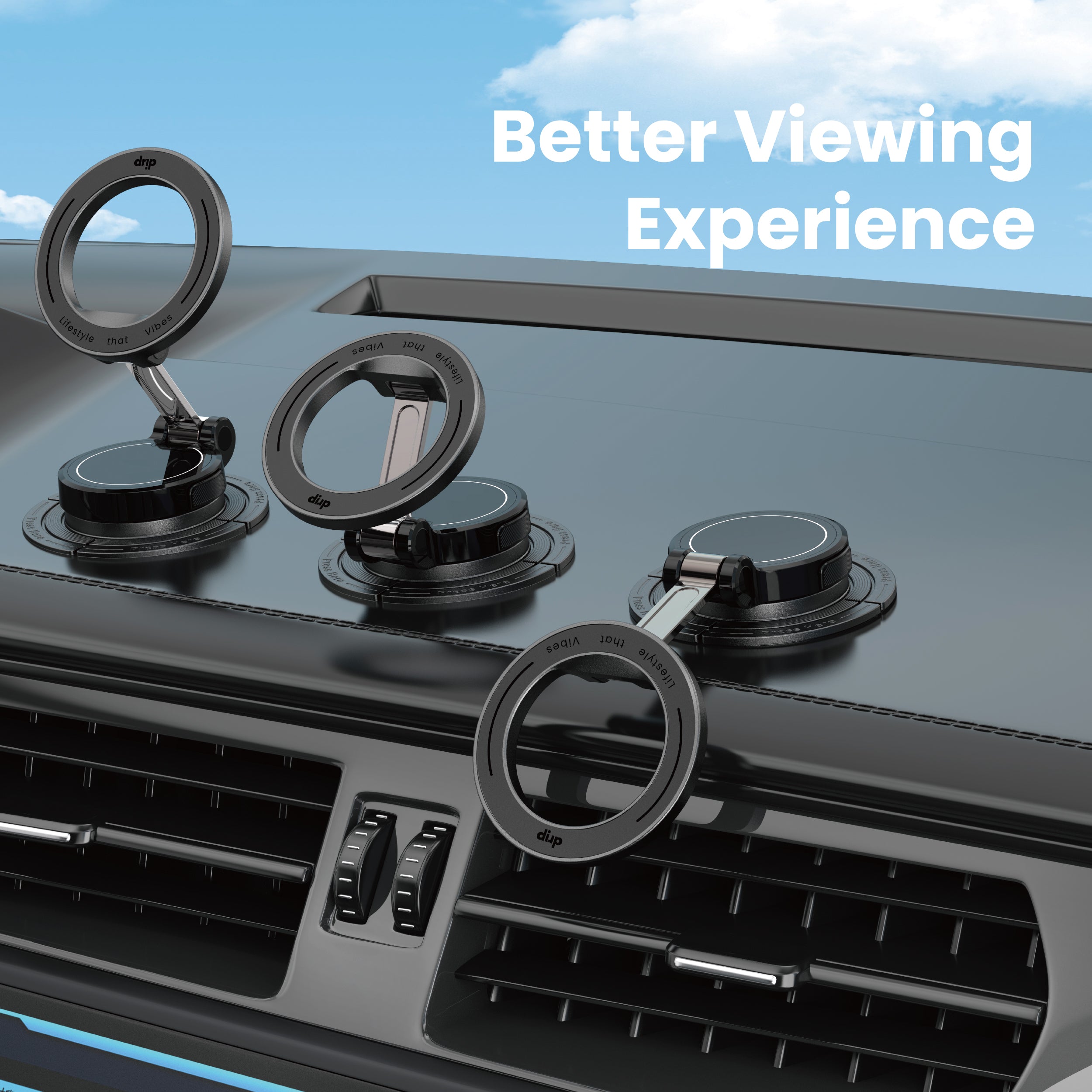 Drip 360° Rotatable & Foldable Press-to-Release Magnetic Car Phone Mount with Detachable Base Black