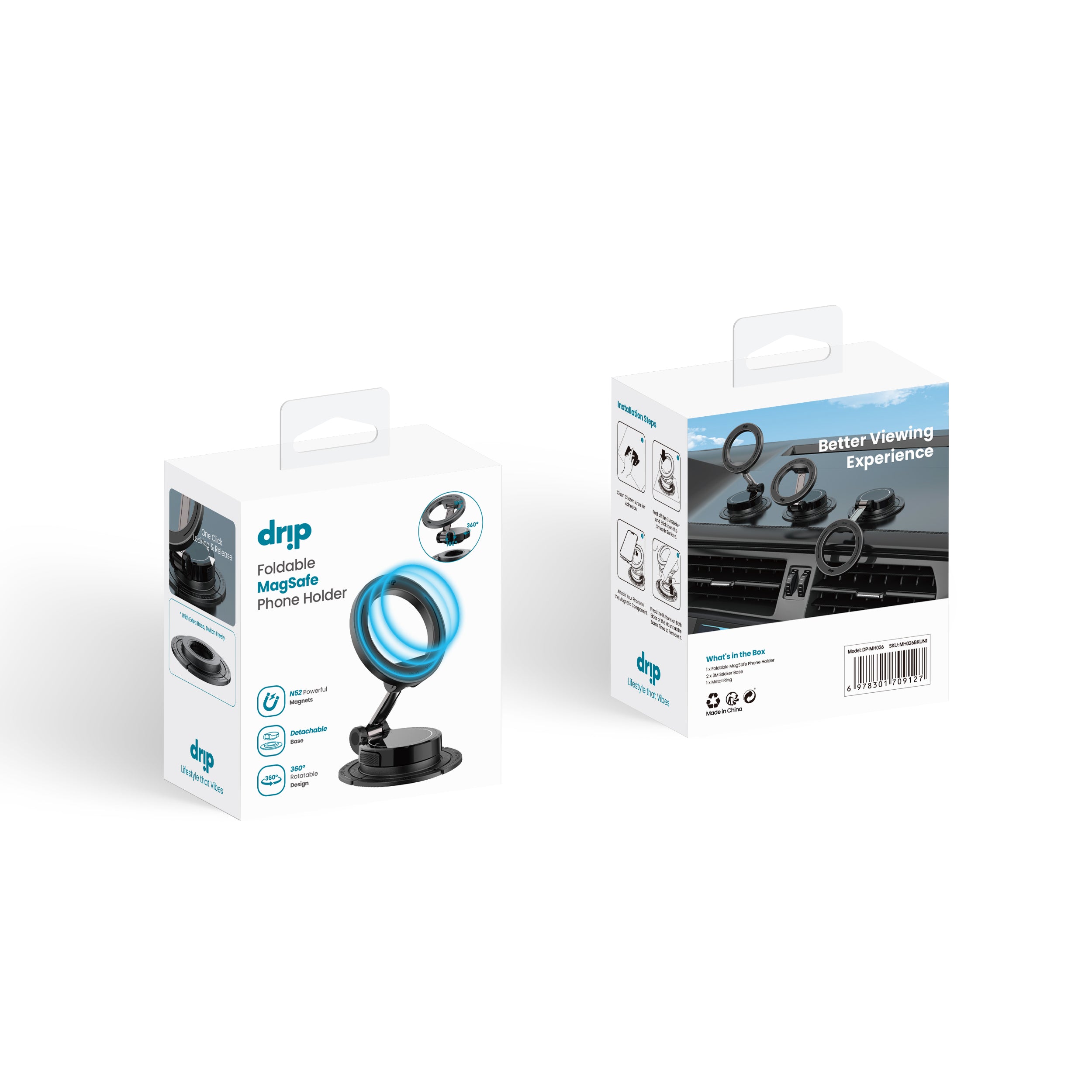 Drip 360° Rotatable & Foldable Press-to-Release Magnetic Car Phone Mount with Detachable Base Black