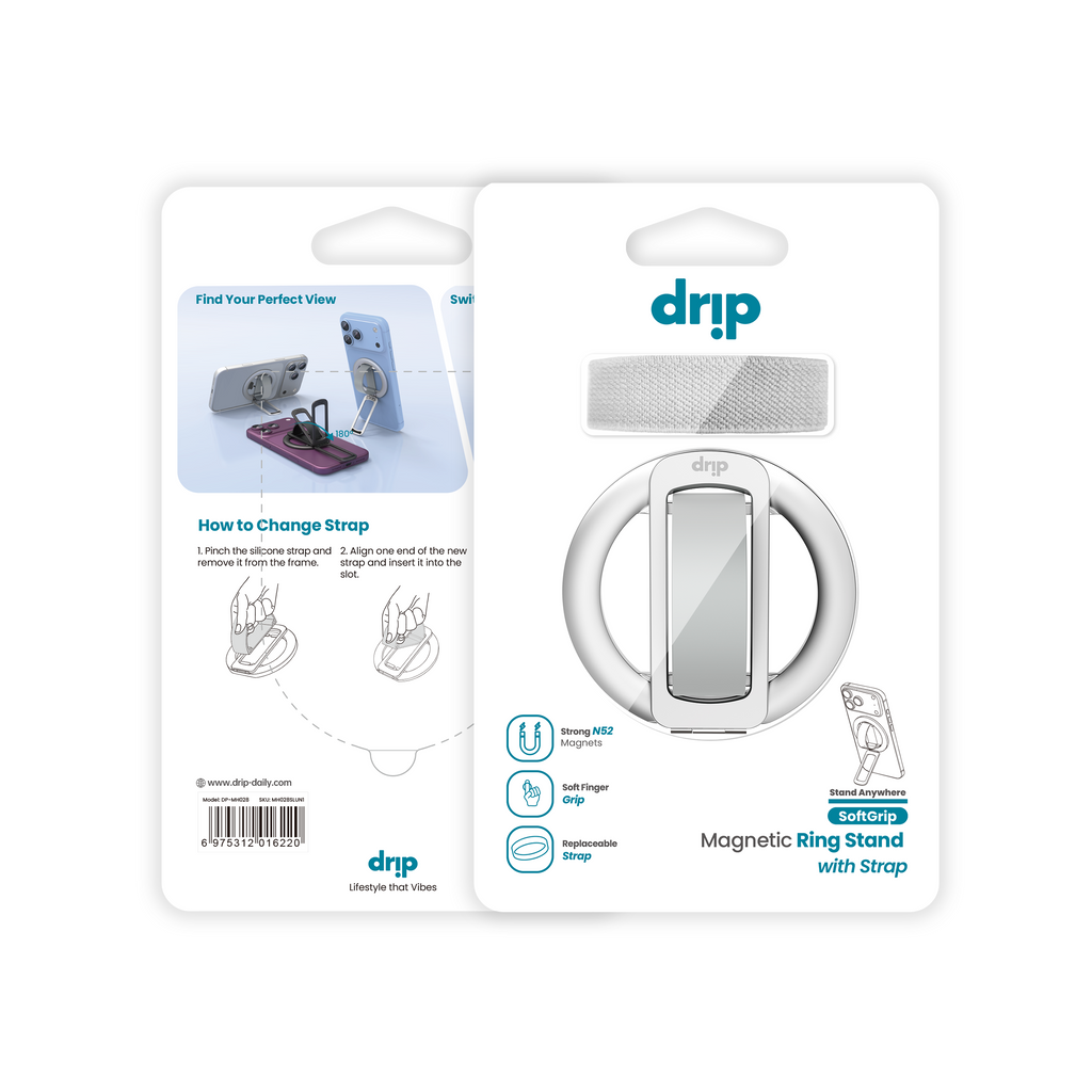 Drip SoftGrip Magnetic Ring Phone Holder with Removable Finger Strap