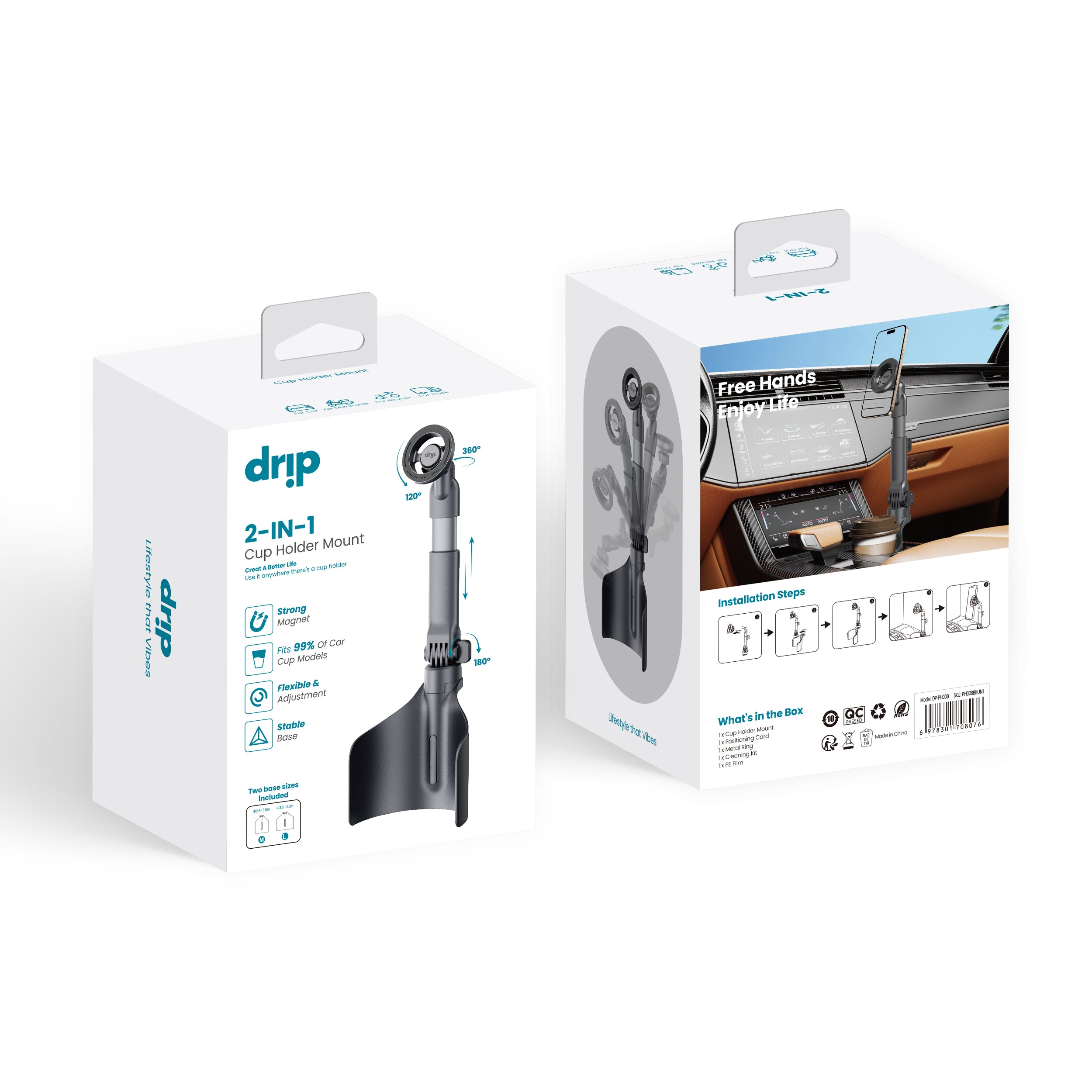 Drip 2-IN-1 Height Adjustment Cup Holder Mount Black