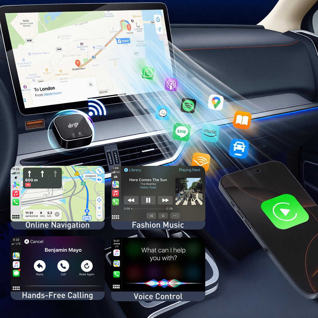 Drip 2-IN-1 Wireless CarPlay Adapter Supports Apple CarPlay & Android Auto Black