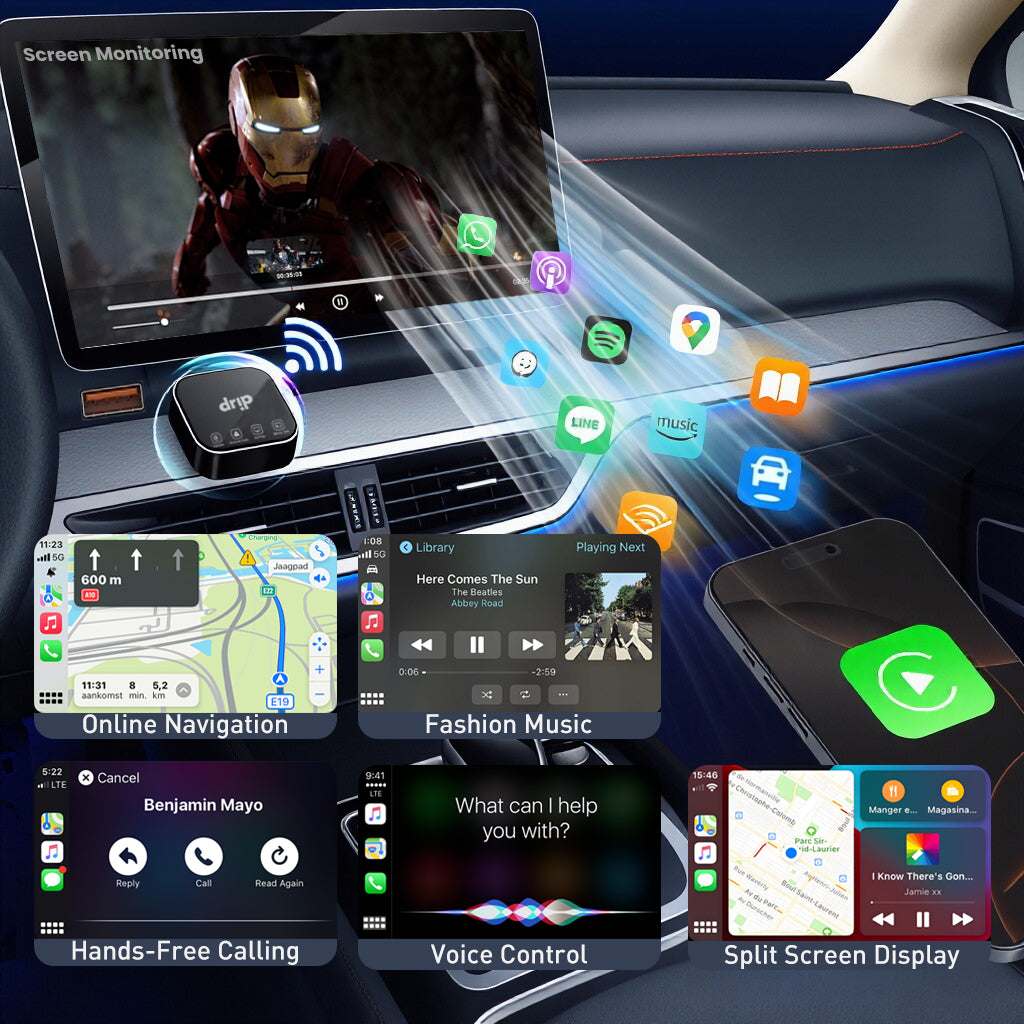 Drip 4-IN-1 Wireless CarPlay Adapter Supports Apple CarPlay & Android Auto & AirPlay & Mirror Link Black